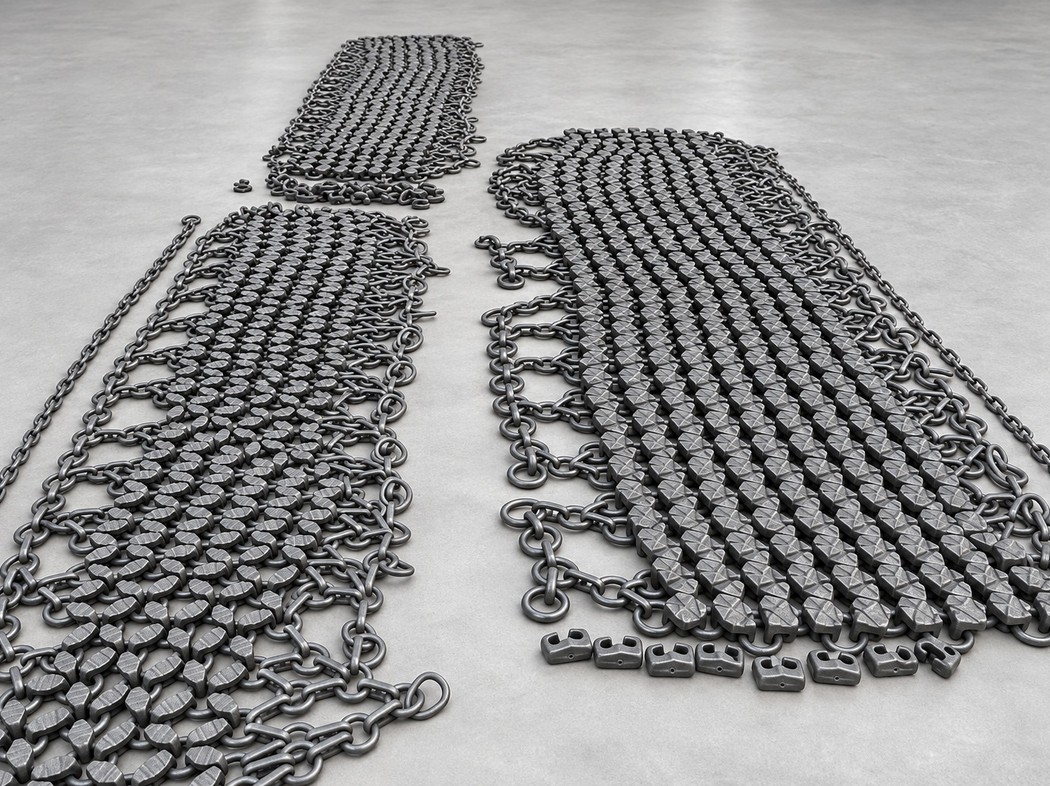 Tyre protection chain assemblies laid out for fit review