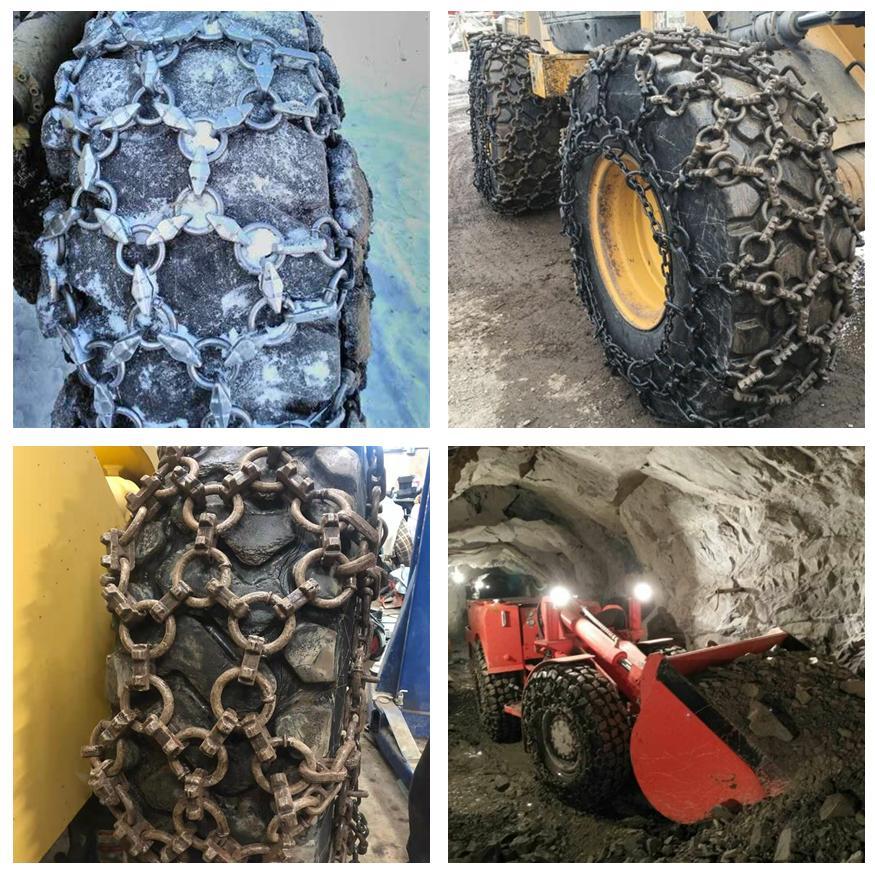 Photographs of tyre protection chains fitted to heavy equipment tyres
